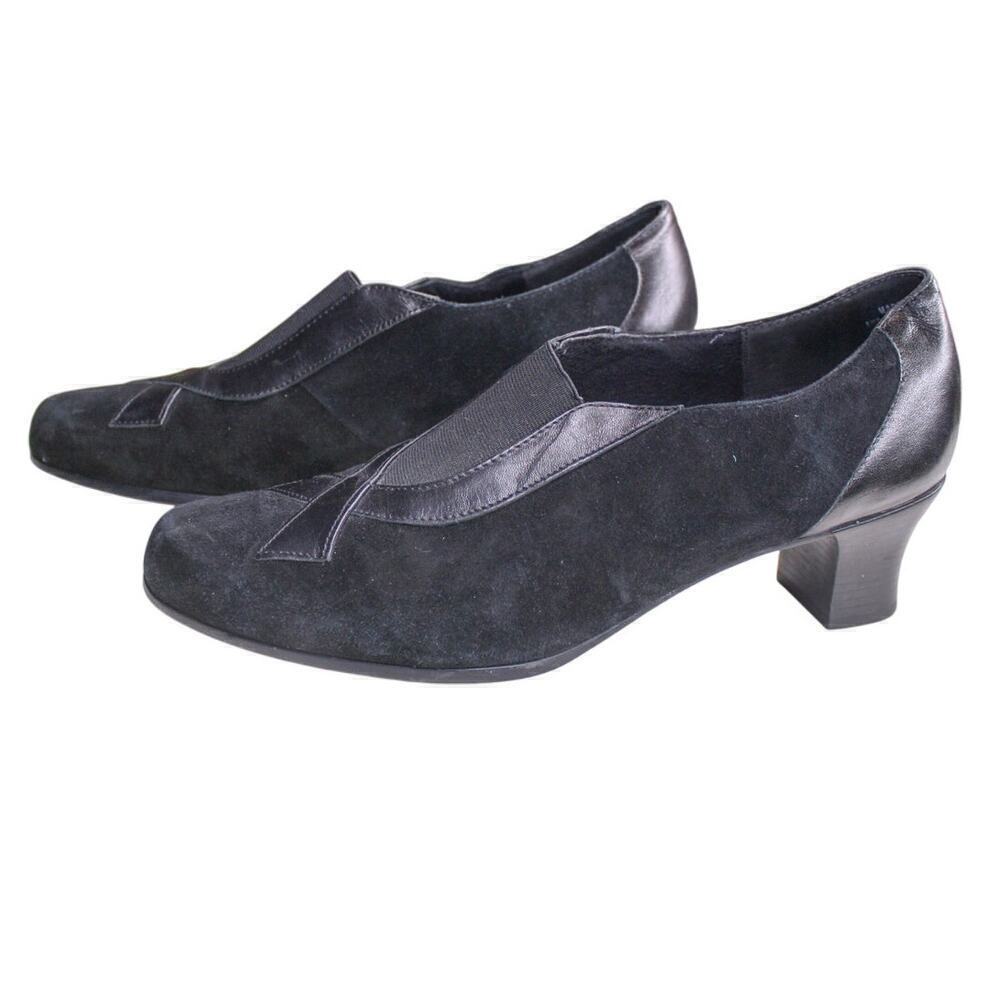 Munro American Black Leather Suede Minimalist Chunky Heel Slip On 7.5